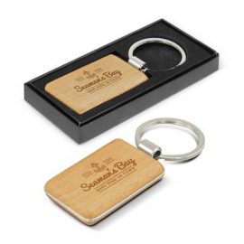 The TRENDS Echo Key Ring is a rectangular natural beech wood key ring with metal trim.  Laser engraves to natural etch.  Available in round, rectangle or square.
