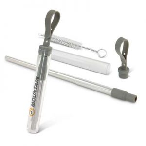 The TRENDS Telescopic Straw with case is a reusable stainless steel straw with removable mouth piece, cleaning brush and case. Branding on the case.