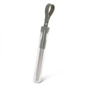 The TRENDS Telescopic Straw with case is a reusable stainless steel straw with removable mouth piece, cleaning brush and case. Branding on the case.
