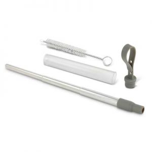 The TRENDS Telescopic Straw with case is a reusable stainless steel straw with removable mouth piece, cleaning brush and case. Branding on the case.
