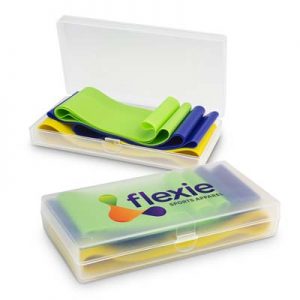 The TRENDS Resistance Exercise Bands are a set of 3 bands presented in their own case. Different resistance levels in different colours. Branding on the case.
