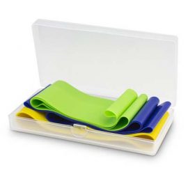 The TRENDS Resistance Exercise Bands are a set of 3 bands presented in their own case.  Different resistance levels in different colours.  Branding on the case.