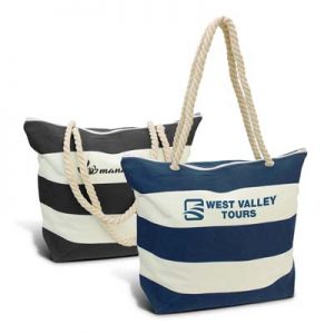 The Trends Collection Bali Tote Bag is an XL leisure tote bag with striped pattern. 510gsm cotton canvas with rope handles. 2 colours. Great branded tote bags.