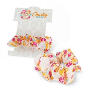 The Trends Collection Hair Scrunchie - Set of 2 has a card that can also be printed.  Sublimation full colour printed scrunchies.  Great hair promo products.