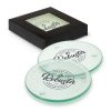 The Trends Venice Glass Coaster set of 4 are round glass coasters.  3 branding options.  Black gift box with window.  Great coasters from Trends.