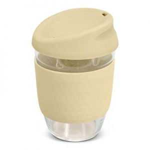 The TRENDS Nova Cup - Borosilicate 250ml is an elegant reusable borosilicate coffee cup.  15 colours for lids and bands.  Great branded cups.