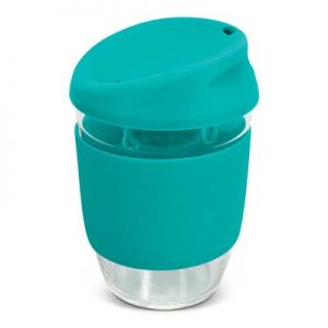 The TRENDS Nova Cup - Borosilicate 250ml is an elegant reusable borosilicate coffee cup.  15 colours for lids and bands.  Great branded cups.
