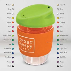 The TRENDS Nova Cup - Borosilicate 250ml is an elegant reusable borosilicate coffee cup.  15 colours for lids and bands.  Great branded cups.