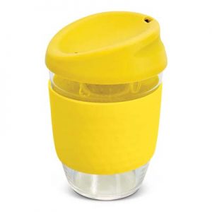 The TRENDS Nova Cup - Borosilicate 250ml is an elegant reusable borosilicate coffee cup.  15 colours for lids and bands.  Great branded cups.