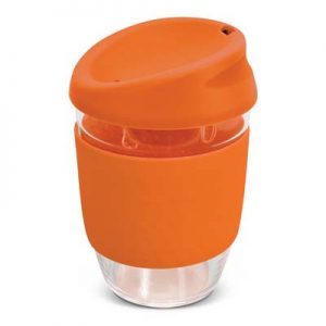 The TRENDS Nova Cup - Borosilicate 250ml is an elegant reusable borosilicate coffee cup.  15 colours for lids and bands.  Great branded cups.