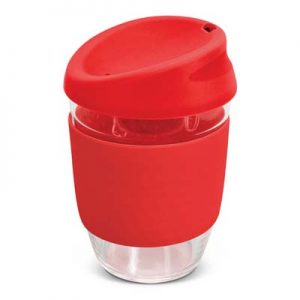 The TRENDS Nova Cup - Borosilicate 250ml is an elegant reusable borosilicate coffee cup.  15 colours for lids and bands.  Great branded cups.