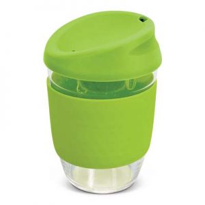 The TRENDS Nova Cup - Borosilicate 250ml is an elegant reusable borosilicate coffee cup.  15 colours for lids and bands.  Great branded cups.