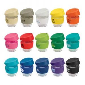 The TRENDS Nova Cup - Borosilicate 250ml is an elegant reusable borosilicate glass coffee cup.  15 colours for lids and bands.  Great branded glass cups.