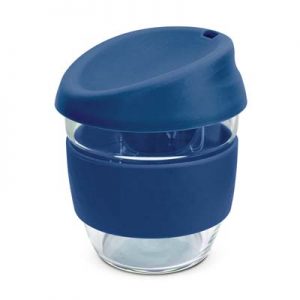 The TRENDS Nova Cup - Borosilicate 250ml is an elegant reusable borosilicate glass coffee cup.  15 colours for lids and bands.  Great branded glass cups.