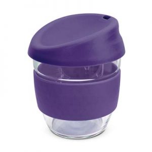 The TRENDS Nova Cup - Borosilicate 250ml is an elegant reusable borosilicate glass coffee cup.  15 colours for lids and bands.  Great branded glass cups.