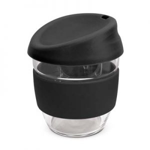 The TRENDS Nova Cup - Borosilicate 250ml is an elegant reusable borosilicate glass coffee cup.  15 colours for lids and bands.  Great branded glass cups.