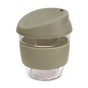 The TRENDS Nova Cup - Borosilicate 250ml is an elegant reusable borosilicate glass coffee cup.  15 colours for lids and bands.  Great branded glass cups.