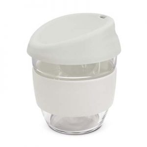 The TRENDS Nova Cup - Borosilicate 250ml is an elegant reusable borosilicate glass coffee cup.  15 colours for lids and bands.  Great branded glass cups.
