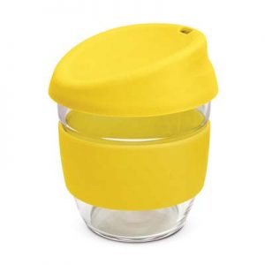 The TRENDS Nova Cup - Borosilicate 250ml is an elegant reusable borosilicate glass coffee cup.  15 colours for lids and bands.  Great branded glass cups.