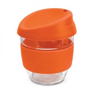 The TRENDS Nova Cup - Borosilicate 250ml is an elegant reusable borosilicate glass coffee cup.  15 colours for lids and bands.  Great branded glass cups.