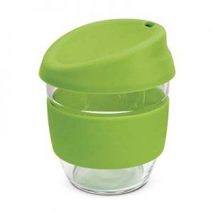The TRENDS Nova Cup - Borosilicate 250ml is an elegant reusable borosilicate glass coffee cup.  15 colours for lids and bands.  Great branded glass cups.