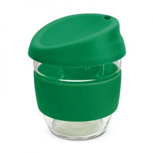 The TRENDS Nova Cup - Borosilicate 250ml is an elegant reusable borosilicate glass coffee cup.  15 colours for lids and bands.  Great branded glass cups.