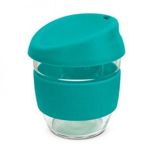 The TRENDS Nova Cup - Borosilicate 250ml is an elegant reusable borosilicate glass coffee cup.  15 colours for lids and bands.  Great branded glass cups.