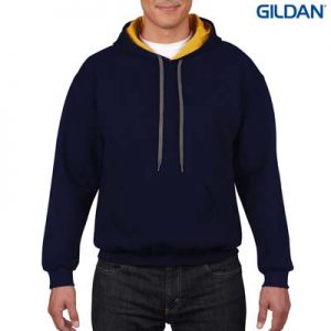 The Gildan Adult Contrast Hooded Sweatshirt is a 50% cotton contrast jersey lined hooded hoodie. 6 colours.  S - 3XL.  Great branded contrast hoodies.