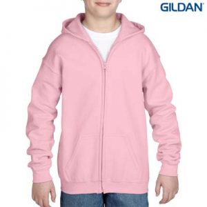 The Gildan Youth Full Zip Hooded Sweatshirt is a 50% cotton, 279gsm semi fitted zip hoodie.  6 - 14.  7 colours.  Great branded zip hoodies from Gildan.