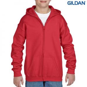 The Gildan Youth Full Zip Hooded Sweatshirt is a 50% cotton, 279gsm semi fitted zip hoodie.  6 - 14.  7 colours.  Great branded zip hoodies from Gildan.