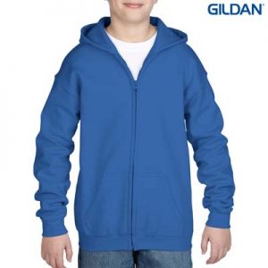 The Gildan Youth Full Zip Hooded Sweatshirt is a 50% cotton, 279gsm semi fitted zip hoodie.  6 - 14.  7 colours.  Great branded zip hoodies from Gildan.