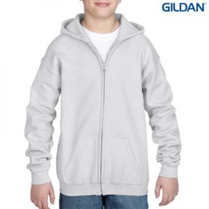 The Gildan Youth Full Zip Hooded Sweatshirt is a 50% cotton, 279gsm semi fitted zip hoodie.  6 - 14.  7 colours.  Great branded zip hoodies from Gildan.