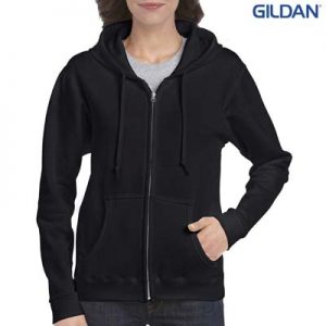 The Gildan Ladies Full Zip Hooded Sweatshirt is a 50% cotton, 279gsm semi fitted zip hoodie.  8 - 18.  4 colours.  Great branded zip hoodies from Gildan.