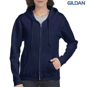 The Gildan Ladies Full Zip Hooded Sweatshirt is a 50% cotton, 279gsm semi fitted zip hoodie.  8 - 18.  4 colours.  Great branded zip hoodies from Gildan.