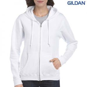 The Gildan Ladies Full Zip Hooded Sweatshirt is a 50% cotton, 279gsm semi fitted zip hoodie.  8 - 18.  4 colours.  Great branded zip hoodies from Gildan.