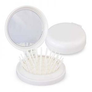 The Trends Compact Brush with Mirror is a foldable plastic hairbrush with mirror.  White or Black.  Great branded travel promotional products.