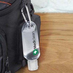 The TRENDS Carabiner Hand Sanitiser 55ml is a gel hand sanitiser in convenient tube with flip cap and carabiner clip.   Great branded hand sanitisers.