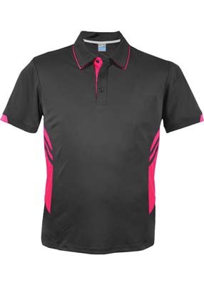 N131196402 Aussie Pacific Mens Tasman Polo - Slate/Neon Pink The Aussie Pacific Mens Tasman Polo is a 150gsm, driwear polyester polo shirt. Ladies and Kids available. 32 colours. Great branded polos from Aussie Pacific.