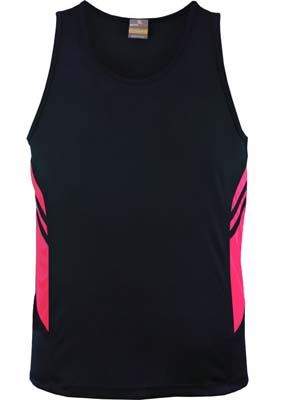 N311108401 Aussie Pacific Kids Tasman Singlet - Navy/Neon Pink The Aussie Pacific Kids Tasman Singlet is a 150gsm, driwear 100% polyester singlet. 32 colours. 4 - 16. Great branded singlets from Aussie Pacific.