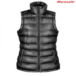 The Result Urban Ladies Snowbird Hooded Vest is a relaxed fix puffer vest.  S - 3XL.  Black or Navy.  Great branded puffer vests from Result.