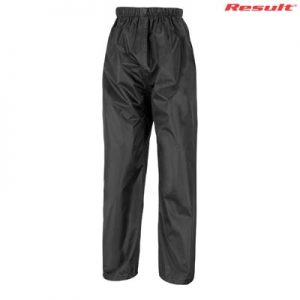 The Result Core Rain Trousers are a casual fit, StormDri polyester, rain trouser. Black or Navy. S - 5XL. Great branded rain trousers from Result.