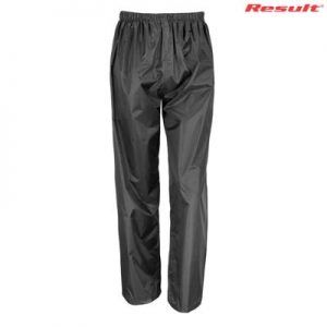 R226X Result Core Adult Rain Trousers - Black The Result Core Rain Trousers are a casual fit, StormDri polyester, rain trouser. Black or Navy. S - 5XL. Great branded rain trousers from Result.