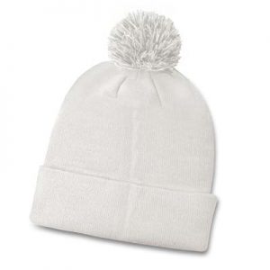 The TRENDS Kenai Custom Fitted Beanie is a fully customised jacquard knitted acrylic beanie with folded cuff and pompom. Great branded custom beanies.