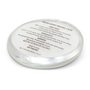 The TRENDS Hand Soap Travel Case is a round compact polypropylene case with 30 sheets of soap. Full colour branding available. Great branded travel & health products.