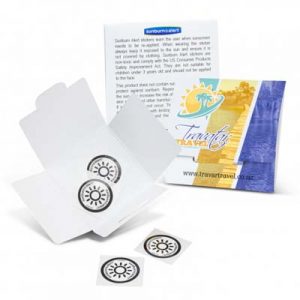 The TRENDS Sunburn Alert stickers are a pack of 4 stickers that alert when sunscreen needs to be reapplied. Full colour branding on packaging.
