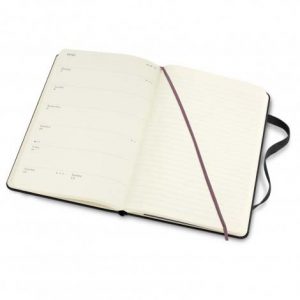 The Moleskine 2022 Planner is a weekly planner. 2 page spread per week - days of week and lined page. A5 Planner. Branded with your logo.