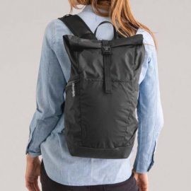 The Camelbak Pivot Roll Top Backpack is a lightweight, versatile commuter backpack.  Black.  Made from 50% recycled material.  Co branded with your logo.