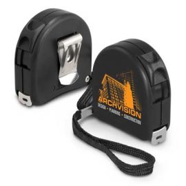 The TRENDS Locking Tape measure is a metric tape measure, with 2m metal locking tape.  Black.  Can be custom branded.