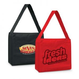 The TRENDS Slinger Tote Bag is a large messenger style tote bag.  Shoulder strap.  Black or Red.  Great branded shoulder tote bags.