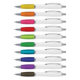 The TRENDS Vistro Pen White Barrel is a retractable plastic ball pen with white barrel.  Soft touch grip.  10 colours.  Great branded pens.